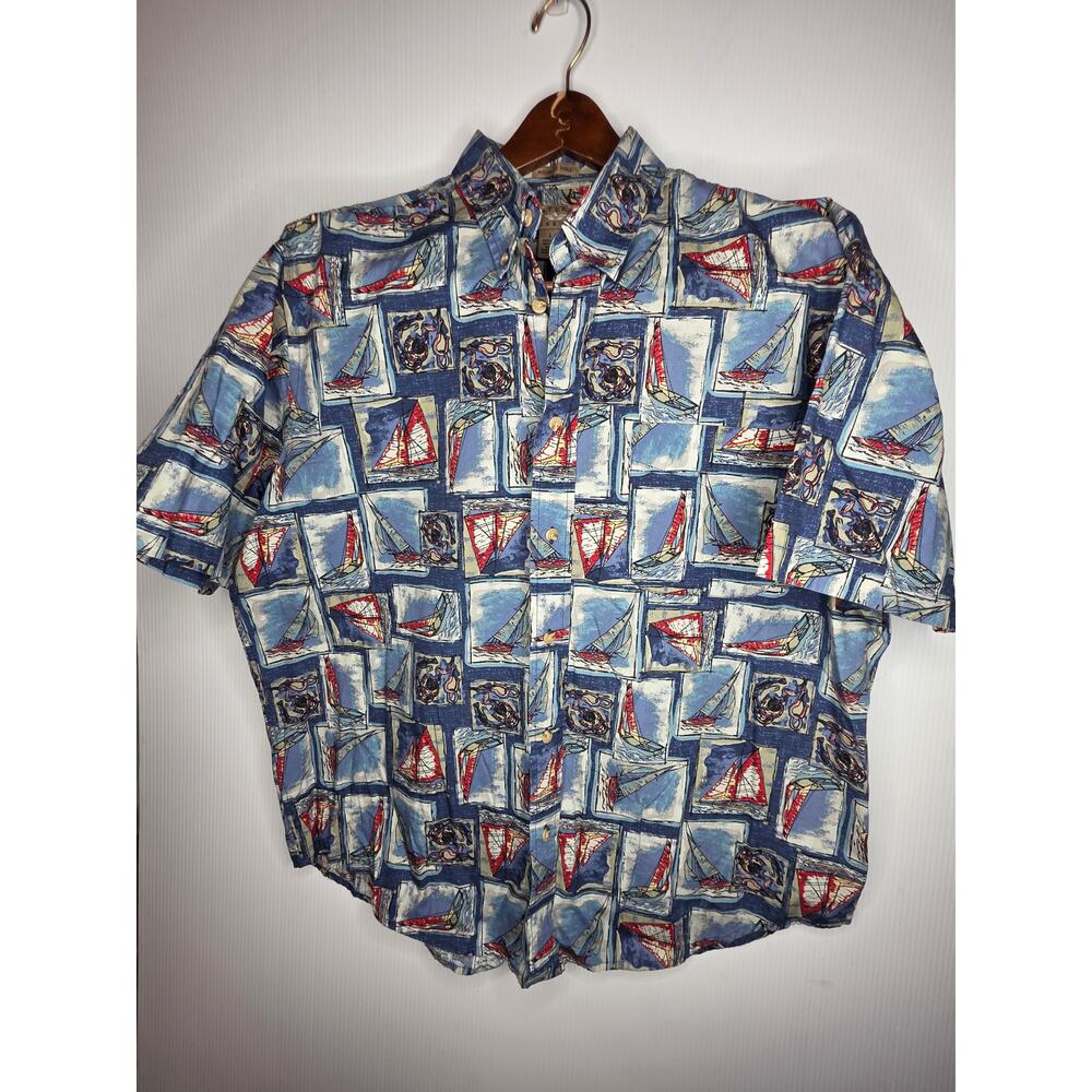Natural Issue Men's L Wrinkle-Free Sailboat Print Button-Down Shirt Nautical VTG
